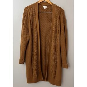 LL Bean Sweater Signature Womens XL Tan Long Cable Knit Open Front Cardigan